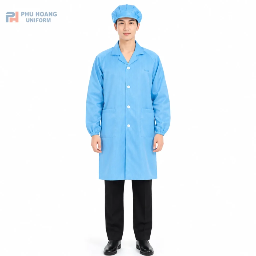 Áo phòng sạch chống tĩnh điện màu xanh Phú Hoàng Áo phòng sạch chống tĩnh điện màu xanh cao cấp, chất liệu polyester pha sợi carbon đạt chuẩn an toàn 10^6 - 10^9 Ohm