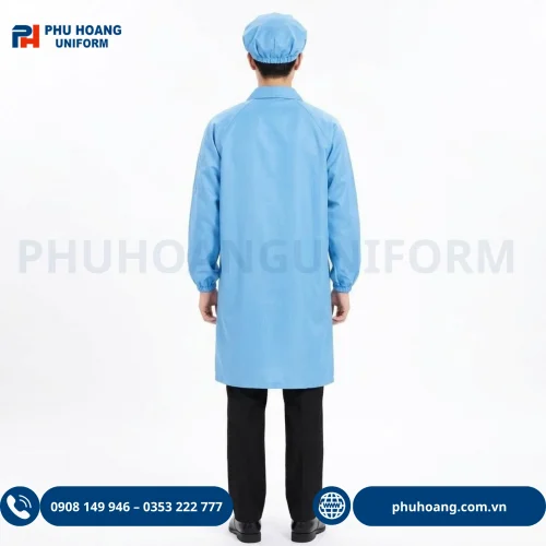 Áo phòng sạch chống tĩnh điện màu xanh cao cấp, chất liệu polyester pha sợi carbon đạt chuẩn an toàn 10^6 - 10^9 Ohm