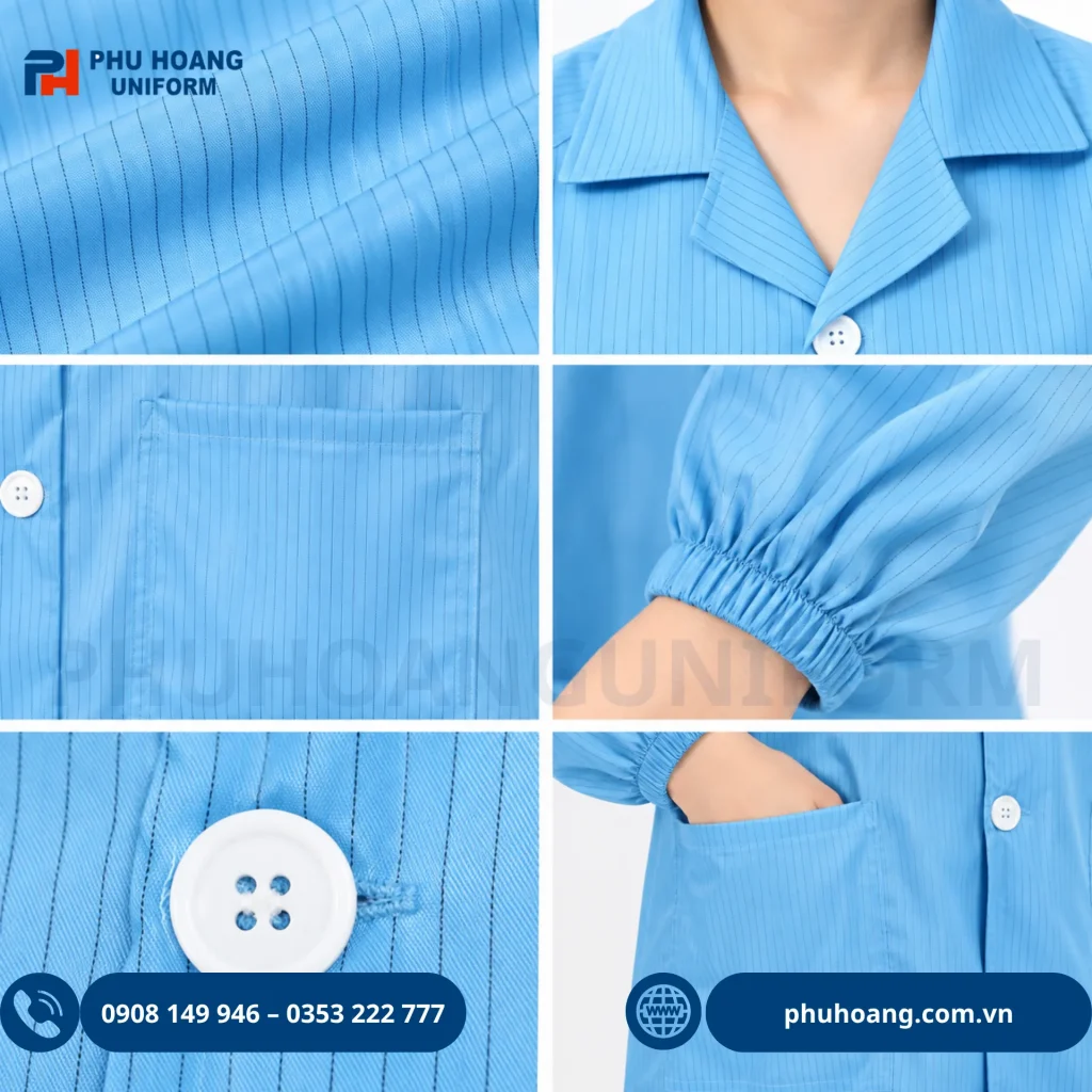 Áo phòng sạch chống tĩnh điện màu xanh Phú Hoàng Áo phòng sạch chống tĩnh điện màu xanh cao cấp, chất liệu polyester pha sợi carbon đạt chuẩn an toàn 10^6 - 10^9 Ohm