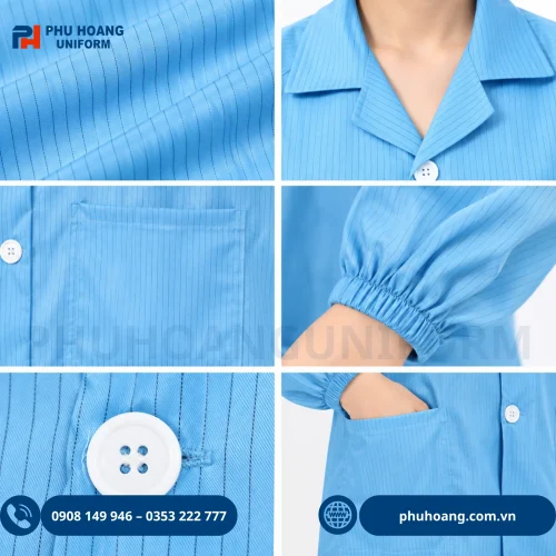 Áo phòng sạch chống tĩnh điện màu xanh cao cấp, chất liệu polyester pha sợi carbon đạt chuẩn an toàn 10^6 - 10^9 Ohm