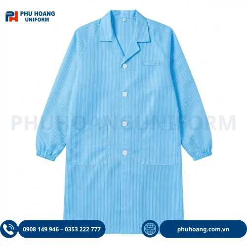 Áo phòng sạch chống tĩnh điện màu xanh cao cấp, chất liệu polyester pha sợi carbon đạt chuẩn an toàn 10^6 - 10^9 Ohm