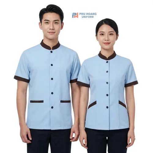 Áo Tạp Vụ Nam Và Nữ Xanh Phối Viền Nâu