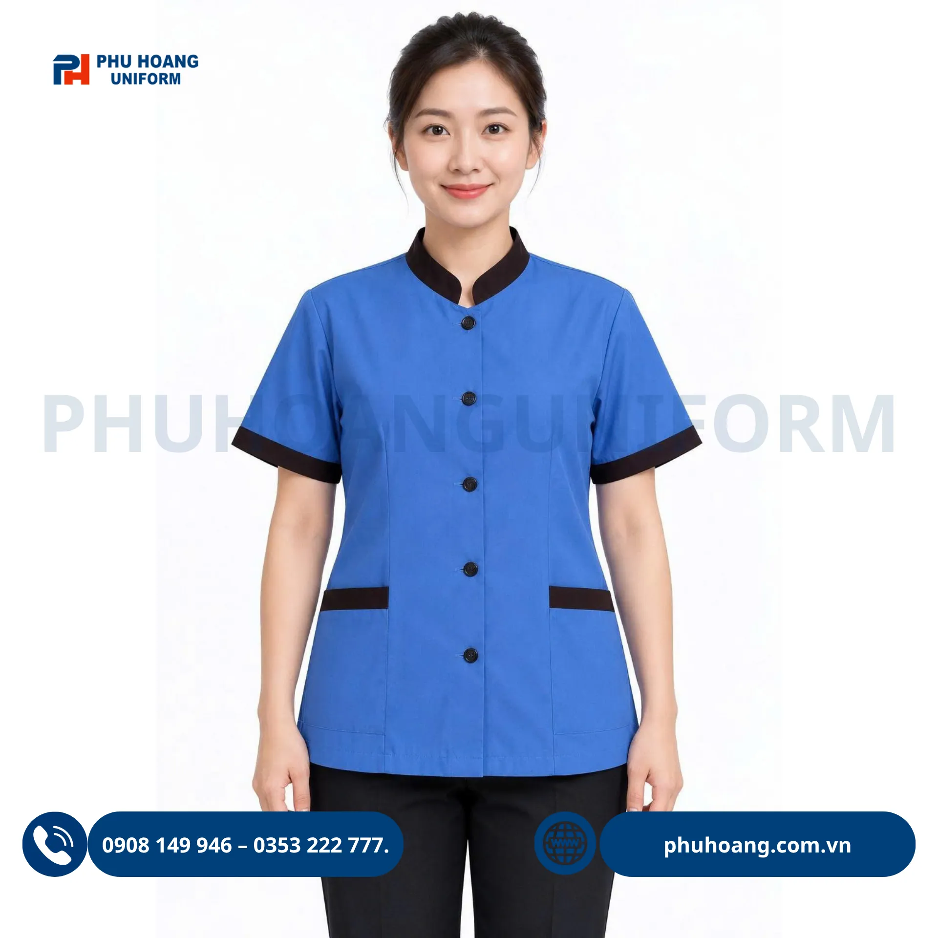 ao-tap-vu-xanh-duong-phoi-vien-nau (2) Đồng phục áo tạp vụ xanh navy phối viền nâu nam nữ chuyên nghiệp từ Phú Hoàng Uniform.