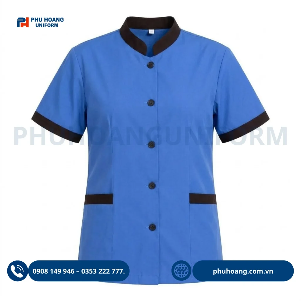 Đồng phục áo tạp vụ xanh navy phối viền nâu nam nữ chuyên nghiệp từ Phú Hoàng Uniform. Đồng phục áo tạp vụ xanh navy phối viền nâu nam nữ chuyên nghiệp từ Phú Hoàng Uniform.