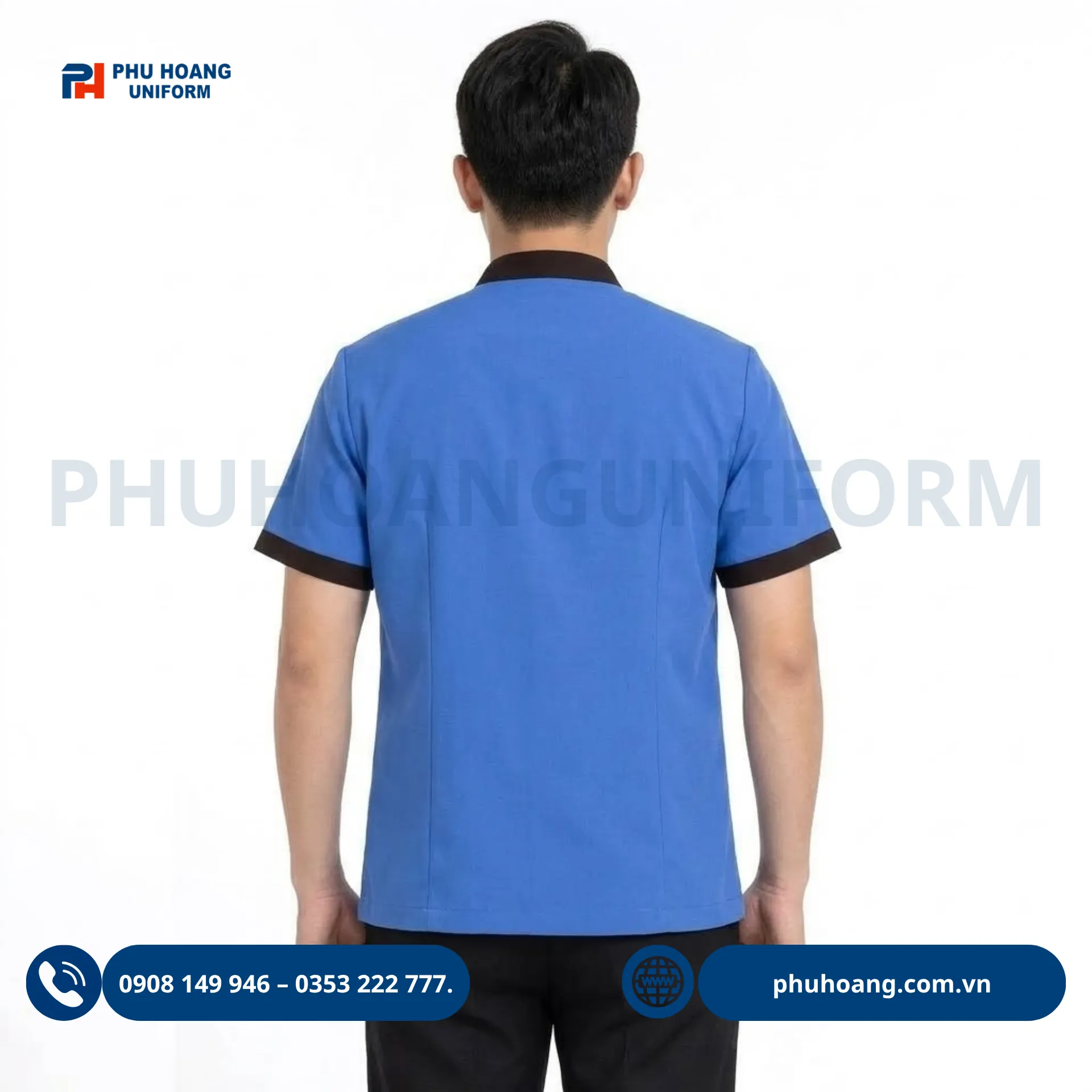 ao-tap-vu-xanh-duong-phoi-vien-nau (4) Đồng phục áo tạp vụ xanh navy phối viền nâu nam nữ chuyên nghiệp từ Phú Hoàng Uniform.