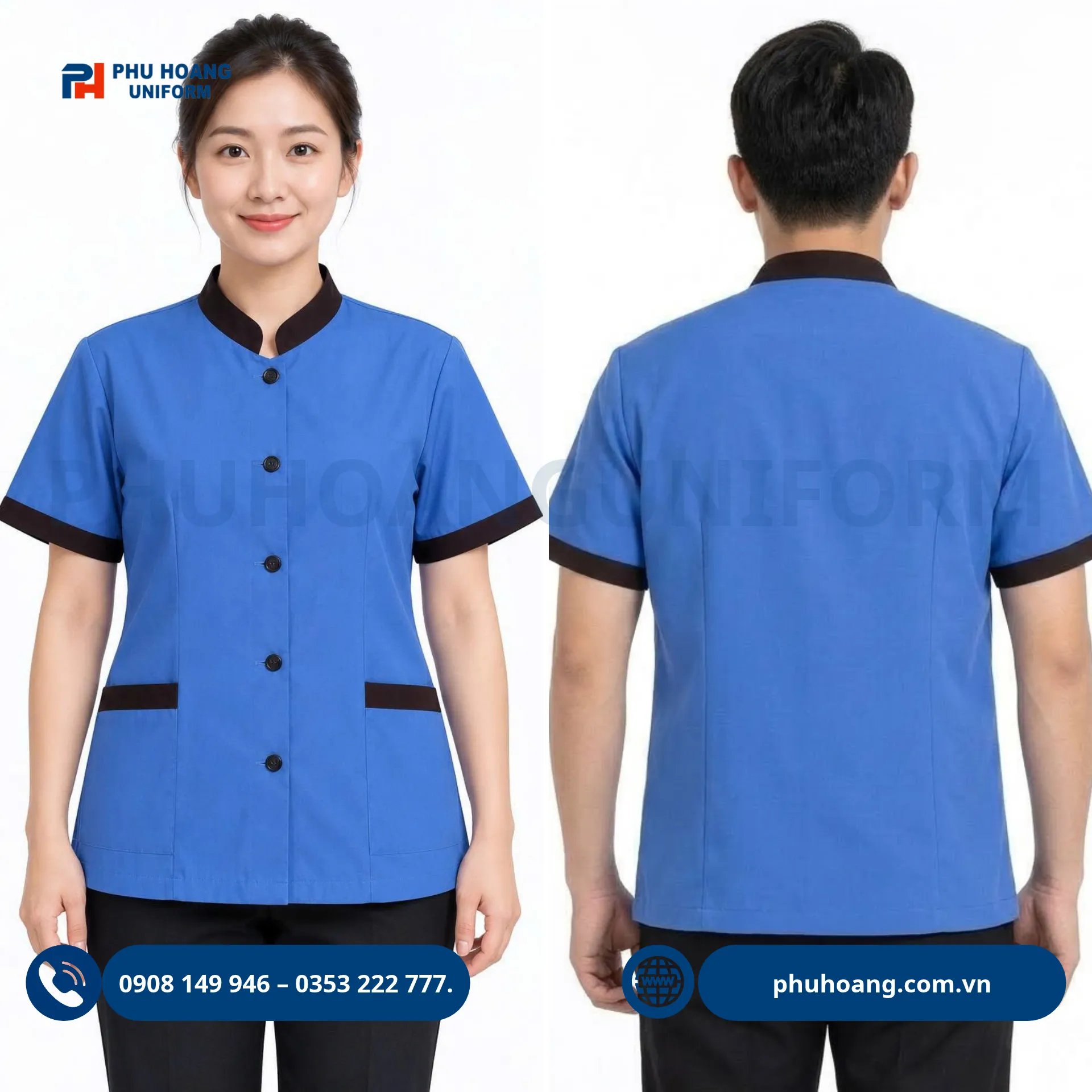 ao-tap-vu-xanh-duong-phoi-vien-nau (5) Đồng phục áo tạp vụ xanh navy phối viền nâu nam nữ chuyên nghiệp từ Phú Hoàng Uniform.