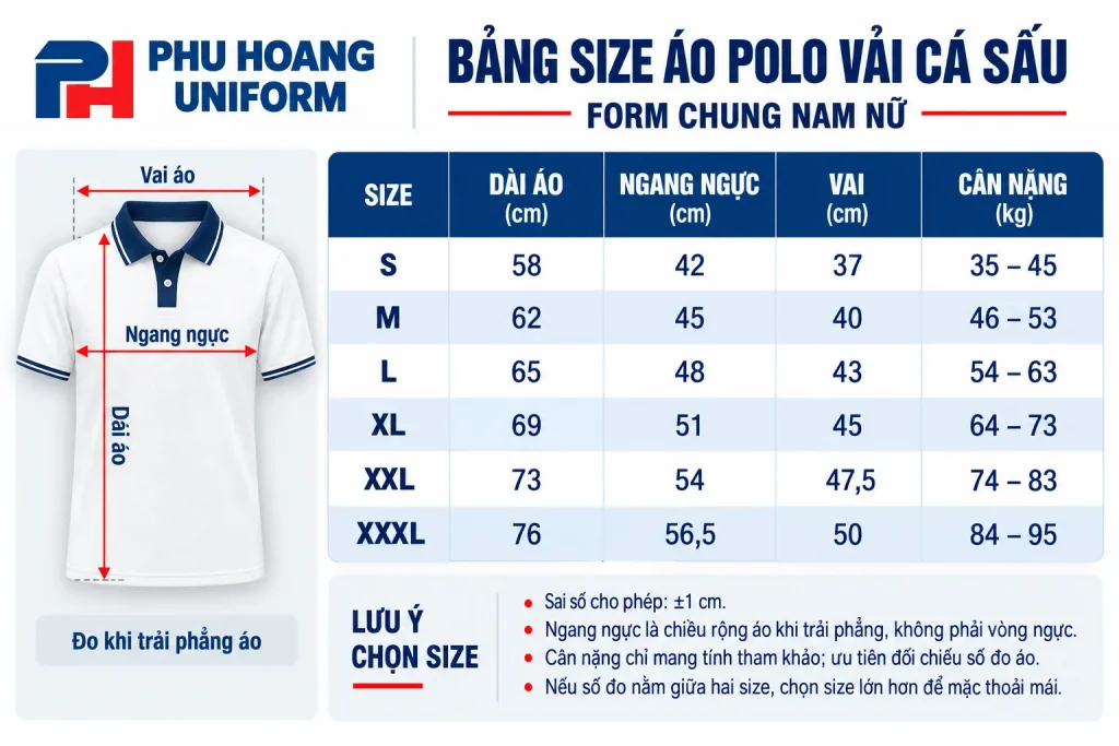 Bảng Size Áo Polo Vải Cá Sấu Form Chung Nam Nữ Bảng Size Áo Polo Vải Cá Sấu Form Chung Nam Nữ
