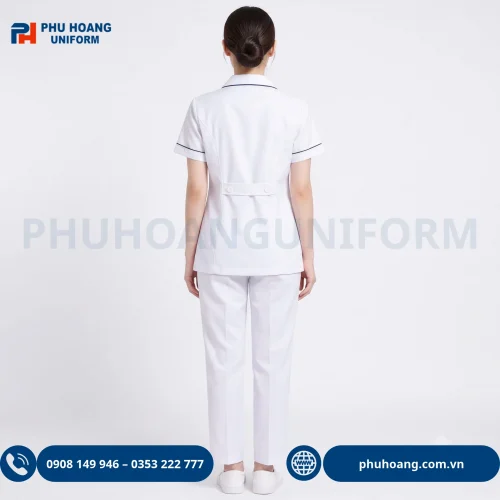 Bộ blouse dược sĩ trắng viền xanh, thiết kế thanh lịch, chuyên nghiệp, phù hợp làm đồng phục cho dược sĩ, nhà thuốc và cơ sở y tế.