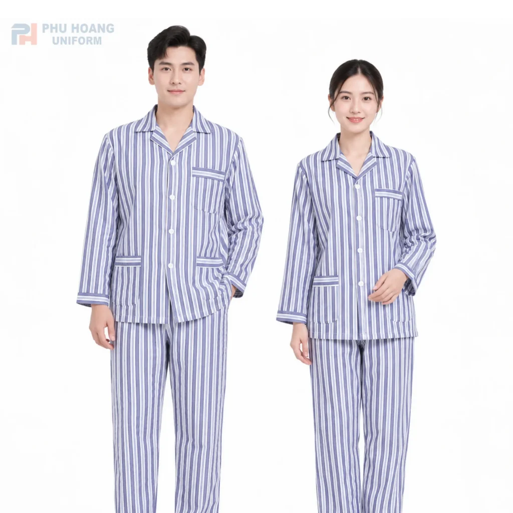 Bộ đồ bệnh nhân sọc xanh Hình ảnh nam và nữ mặc bộ đồ bệnh nhân sọc xanh cao cấp, thiết kế dài tay phom rộng rãi chuẩn y tế của Đồng Phục Phú Hoàng.