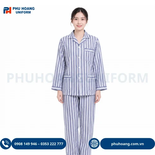 Hình ảnh nam và nữ mặc bộ đồ bệnh nhân sọc xanh cao cấp, thiết kế dài tay phom rộng rãi chuẩn y tế của Đồng Phục Phú Hoàng.