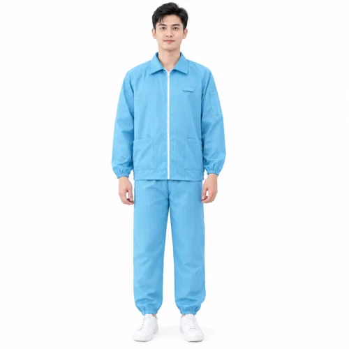 Bộ đồ chống tĩnh điện áo rời quần màu xanh chuẩn phòng sạch.
