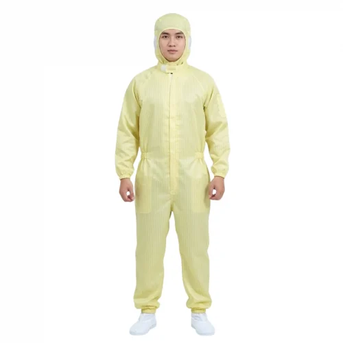 Bộ phòng sạch chống tĩnh điện liền thân màu vàng, khóa kéo màu trắng, bo chun ống quần và cổ tay, chất vải polyester pha sợi carbon. Hotline 0353 222 777