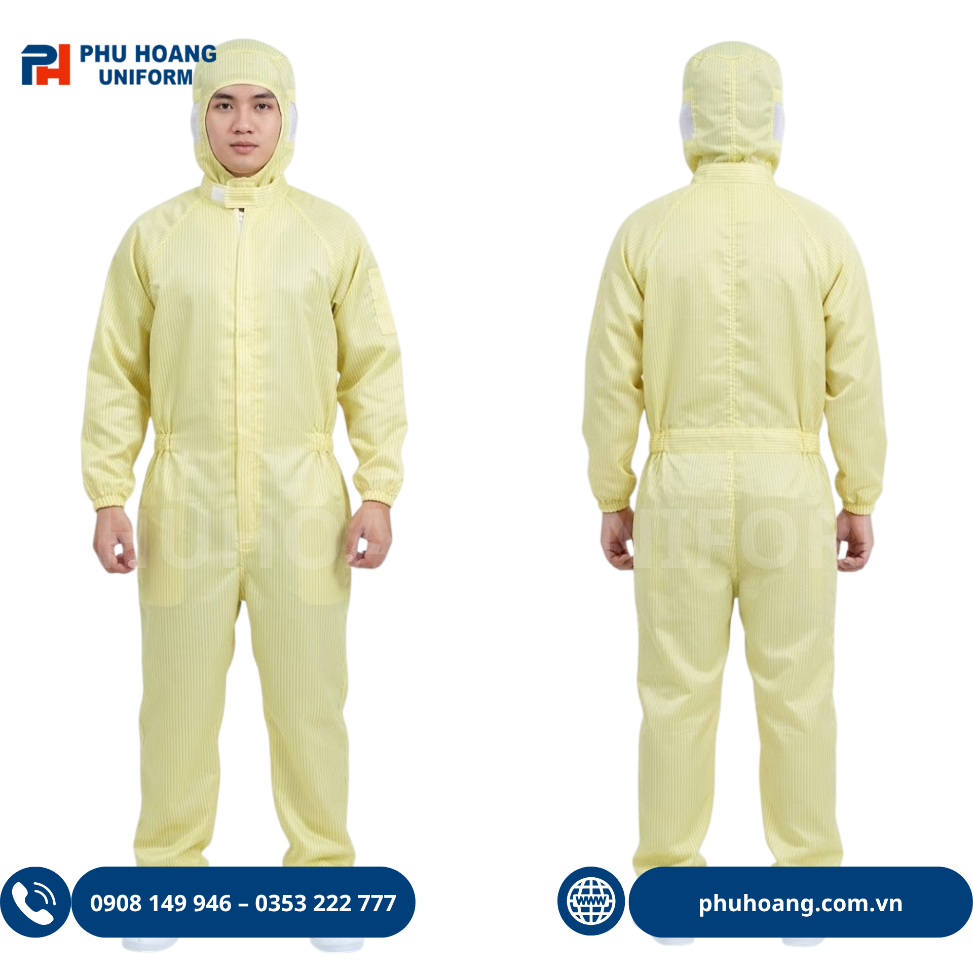 bo-phong-sach-chong-tinh-dien-lien-than-mau-vang (3) Bộ phòng sạch chống tĩnh điện liền thân màu vàng, khóa kéo màu trắng, bo chun ống quần và cổ tay, chất vải polyester pha sợi carbon. Hotline 0353 222 777