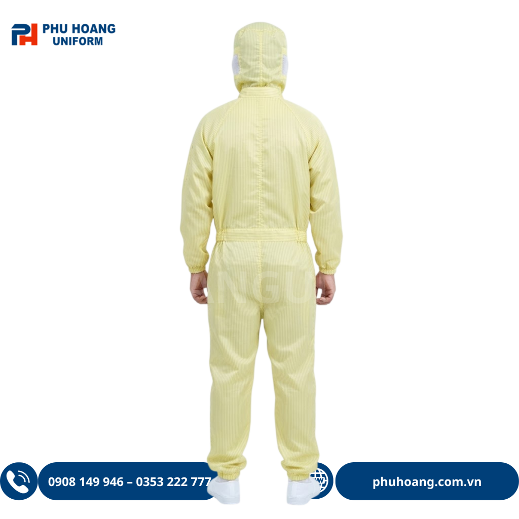 Bộ Phòng Sạch Chống Tĩnh Điện Liền Thân Màu Vàng Phú Hoàng Uniform Bộ phòng sạch chống tĩnh điện liền thân màu vàng, khóa kéo màu trắng, bo chun ống quần và cổ tay, chất vải polyester pha sợi carbon. Hotline 0353 222 777