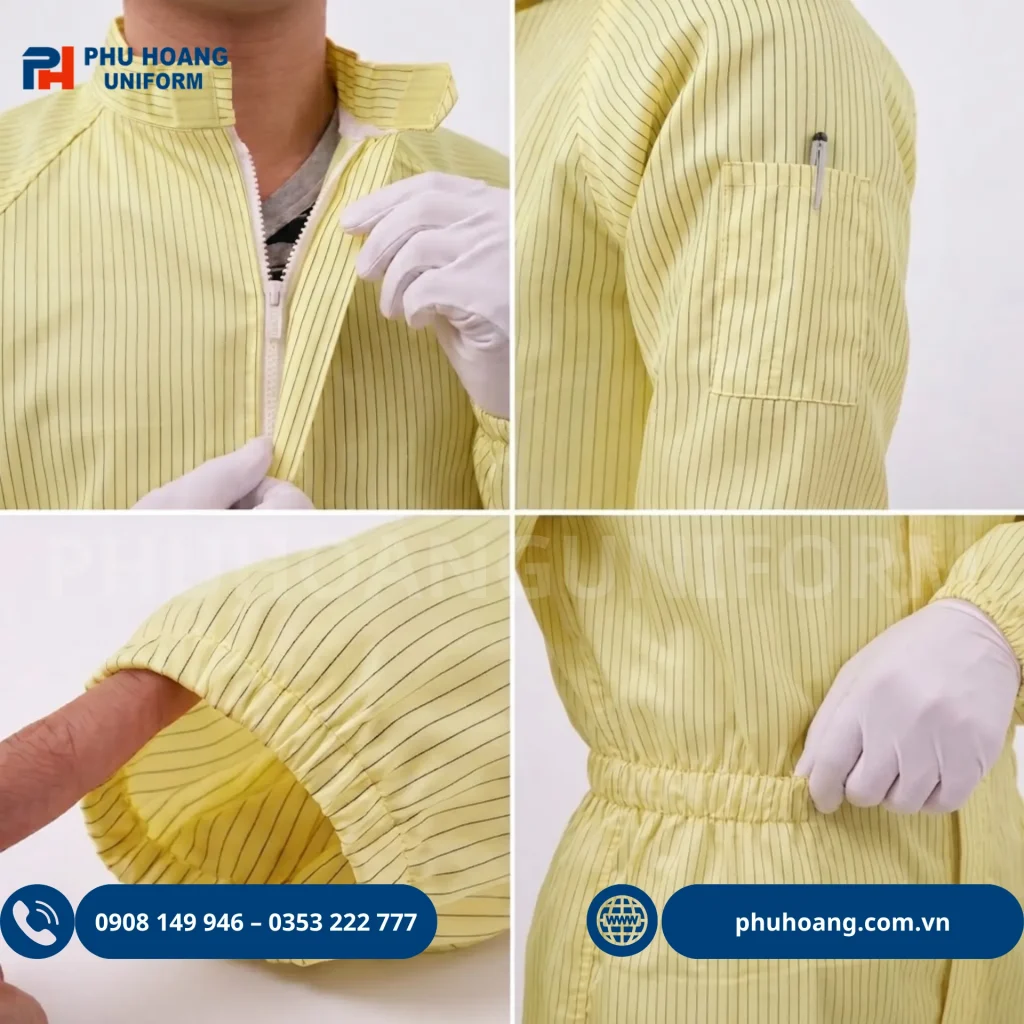 Bộ Phòng Sạch Chống Tĩnh Điện Liền Thân Màu Vàng Phú Hoàng Uniform Bộ phòng sạch chống tĩnh điện liền thân màu vàng, khóa kéo màu trắng, bo chun ống quần và cổ tay, chất vải polyester pha sợi carbon. Hotline 0353 222 777