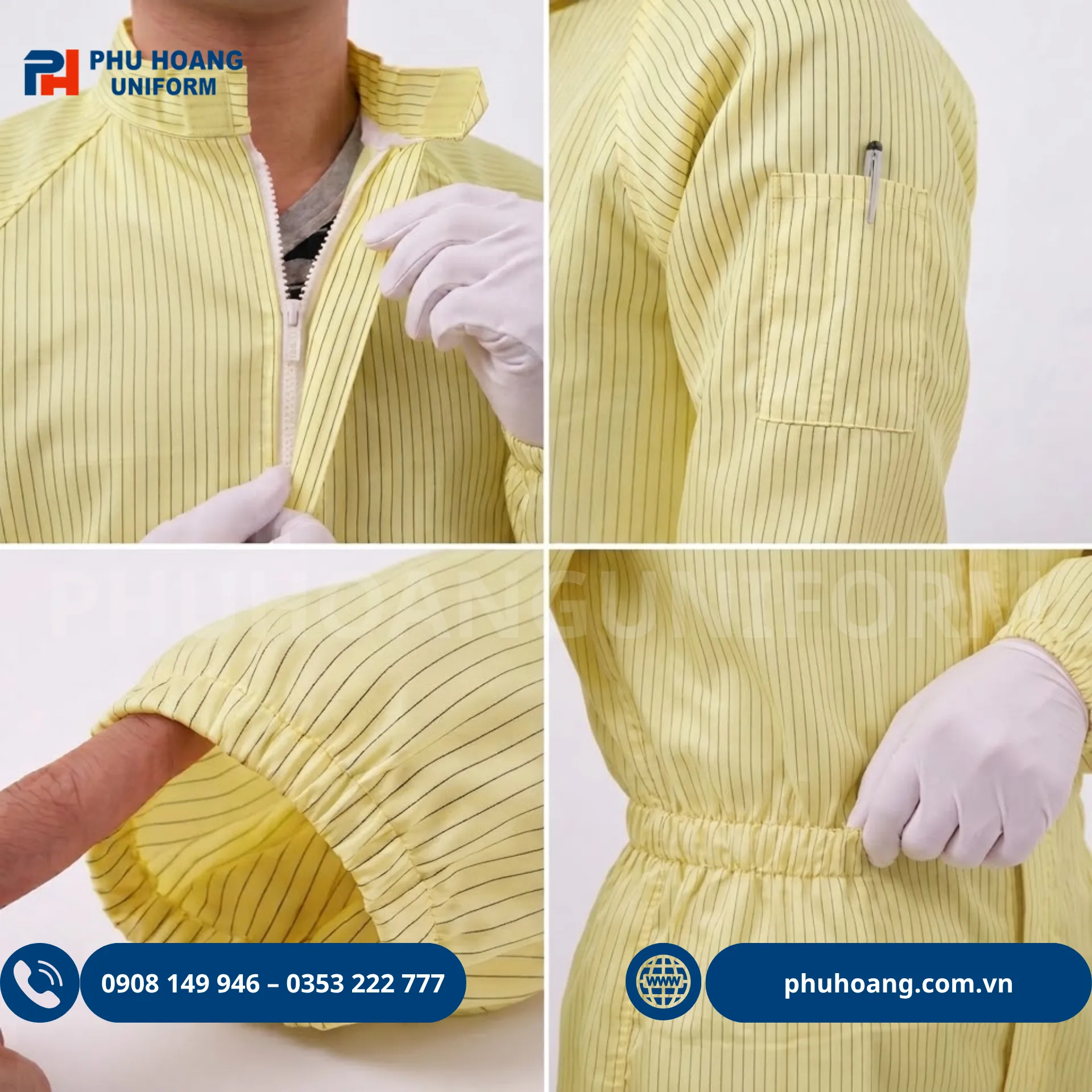 bo-phong-sach-chong-tinh-dien-lien-than-mau-vang (6) Bộ phòng sạch chống tĩnh điện liền thân màu vàng, khóa kéo màu trắng, bo chun ống quần và cổ tay, chất vải polyester pha sợi carbon. Hotline 0353 222 777
