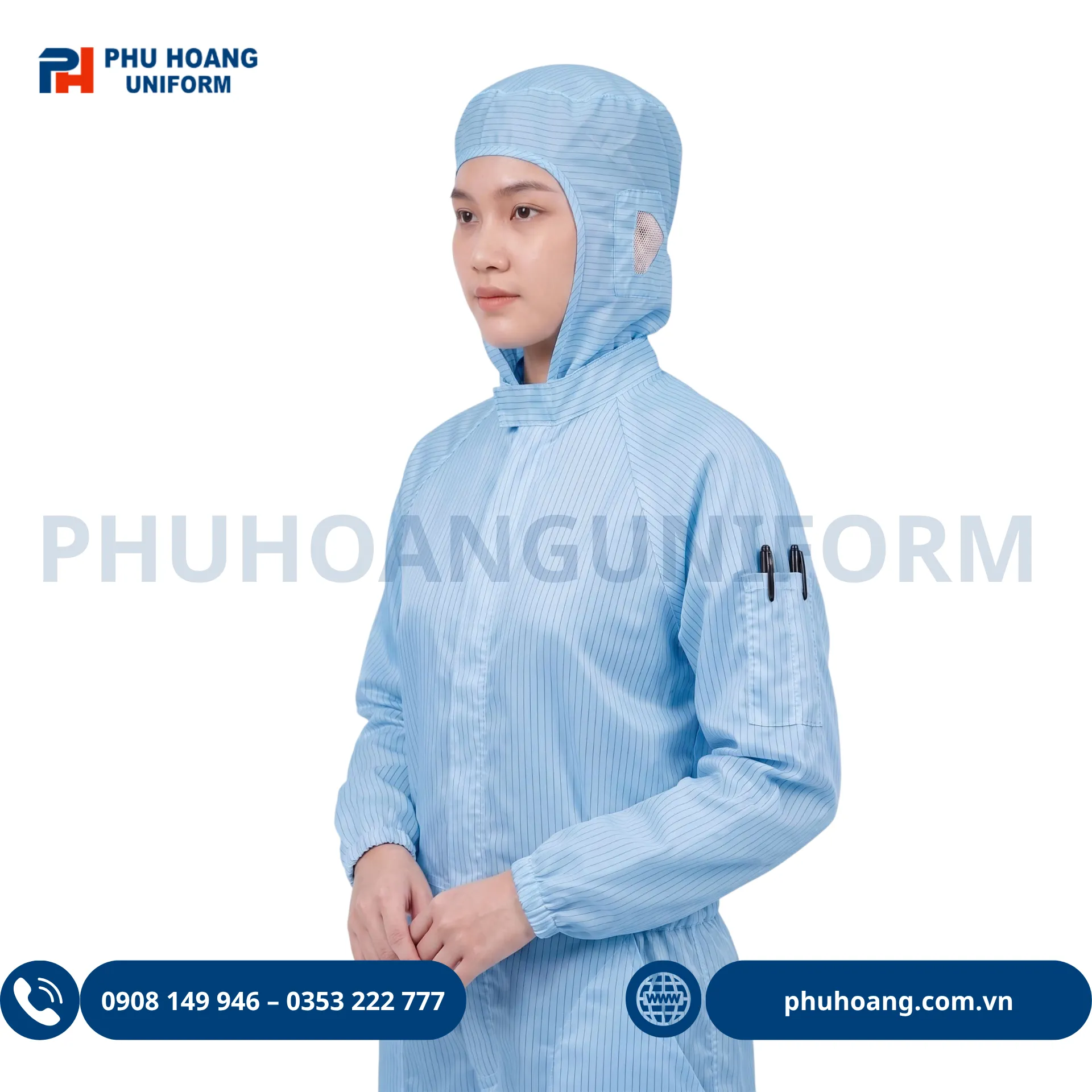 bo-phong-sach-chong-tinh-dien-lien-than-mau-xanh (3) Bộ phòng sạch chống tĩnh điện liền thân màu xanh, thiết kế gọn gàng, phù hợp sử dụng trong nhà máy, phòng sạch và sản xuất điện tử.
