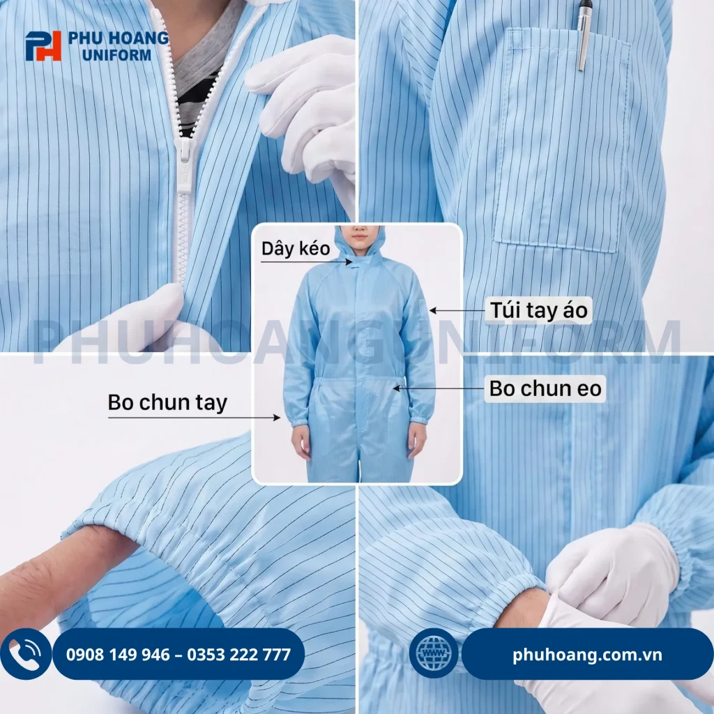 Bộ phòng sạch chống tĩnh điện liền thân màu xanh Bộ phòng sạch chống tĩnh điện liền thân màu xanh, thiết kế gọn gàng, phù hợp sử dụng trong nhà máy, phòng sạch và sản xuất điện tử.