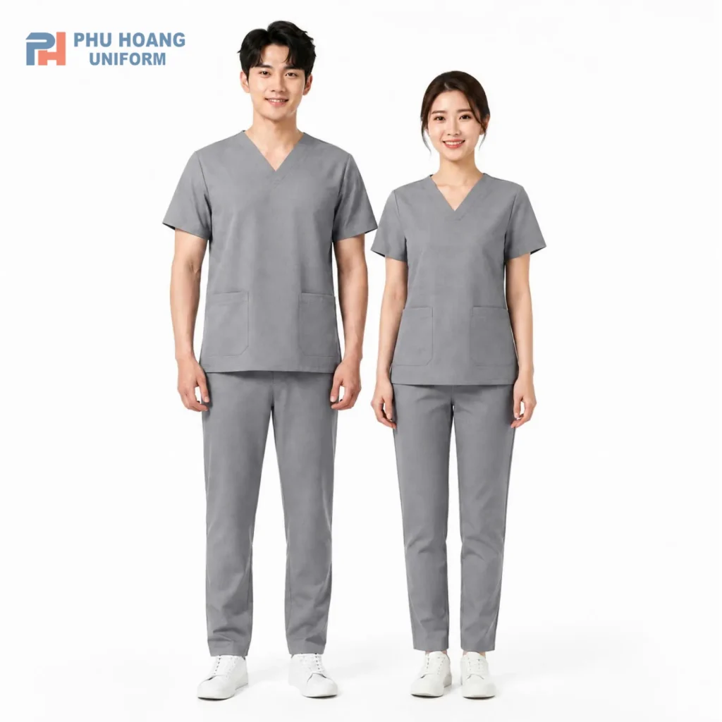 BỘ SCRUBS CỔ TIM MÀU XÁM Bộ đồng phục scrubs y tế cổ tim màu xám chất vải cotton lạnh cho điều dưỡng và spa