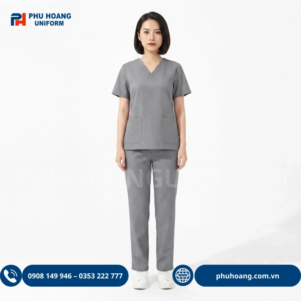 BỘ SCRUBS CỔ TIM MÀU XÁM Bộ đồng phục scrubs y tế cổ tim màu xám chất vải cotton lạnh cho điều dưỡng và spa