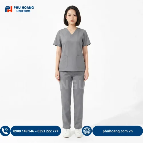 Bộ đồng phục scrubs y tế cổ tim màu xám chất vải cotton lạnh cho điều dưỡng và spa