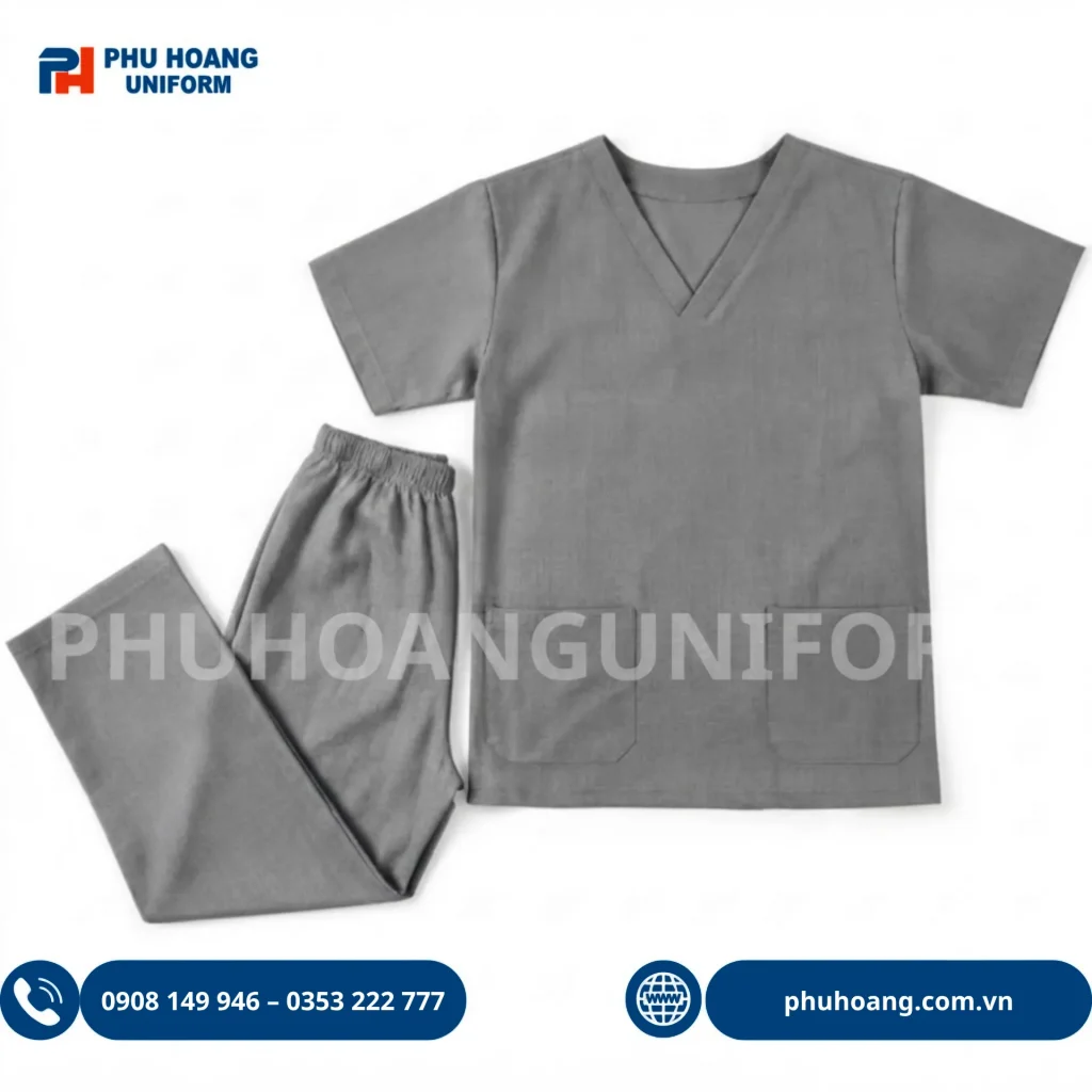 Bộ scrubs cổ tim màu xám Bộ đồng phục scrubs y tế cổ tim màu xám chất vải cotton lạnh cho điều dưỡng và spa