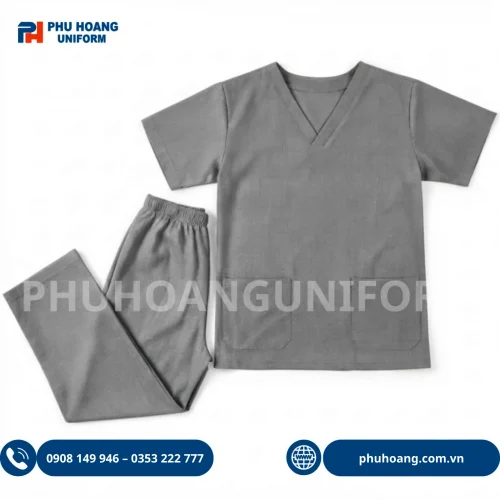 Bộ đồng phục scrubs y tế cổ tim màu xám chất vải cotton lạnh cho điều dưỡng và spa