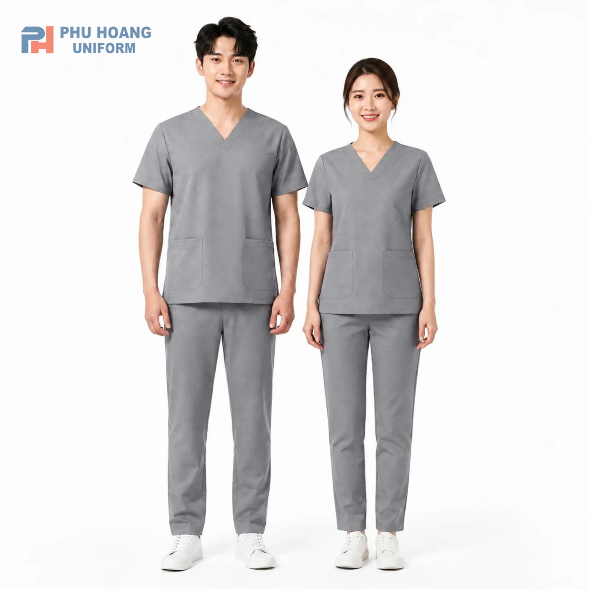 bo-scrubs-co-tim-mau-xam Bộ đồng phục scrubs y tế cổ tim màu xám chất vải cotton lạnh cho điều dưỡng và spa