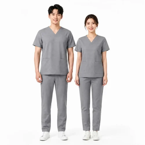 Bộ đồng phục scrubs y tế cổ tim màu xám chất vải cotton lạnh cho điều dưỡng và spa