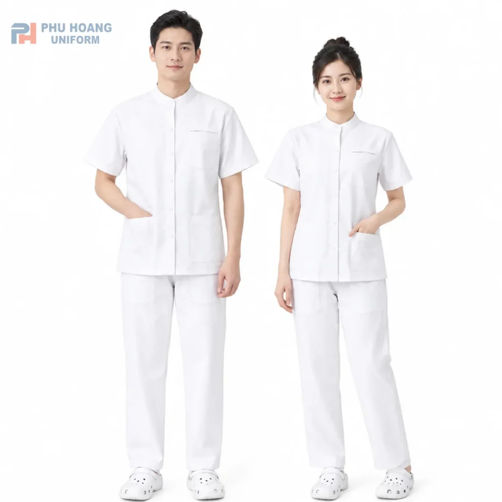Bộ scrubs y tế cổ trụ Hình ảnh bộ scrubs y tế cổ trụ màu trắng phối viền xanh cao cấp Đồng Phục Phú Hoàng