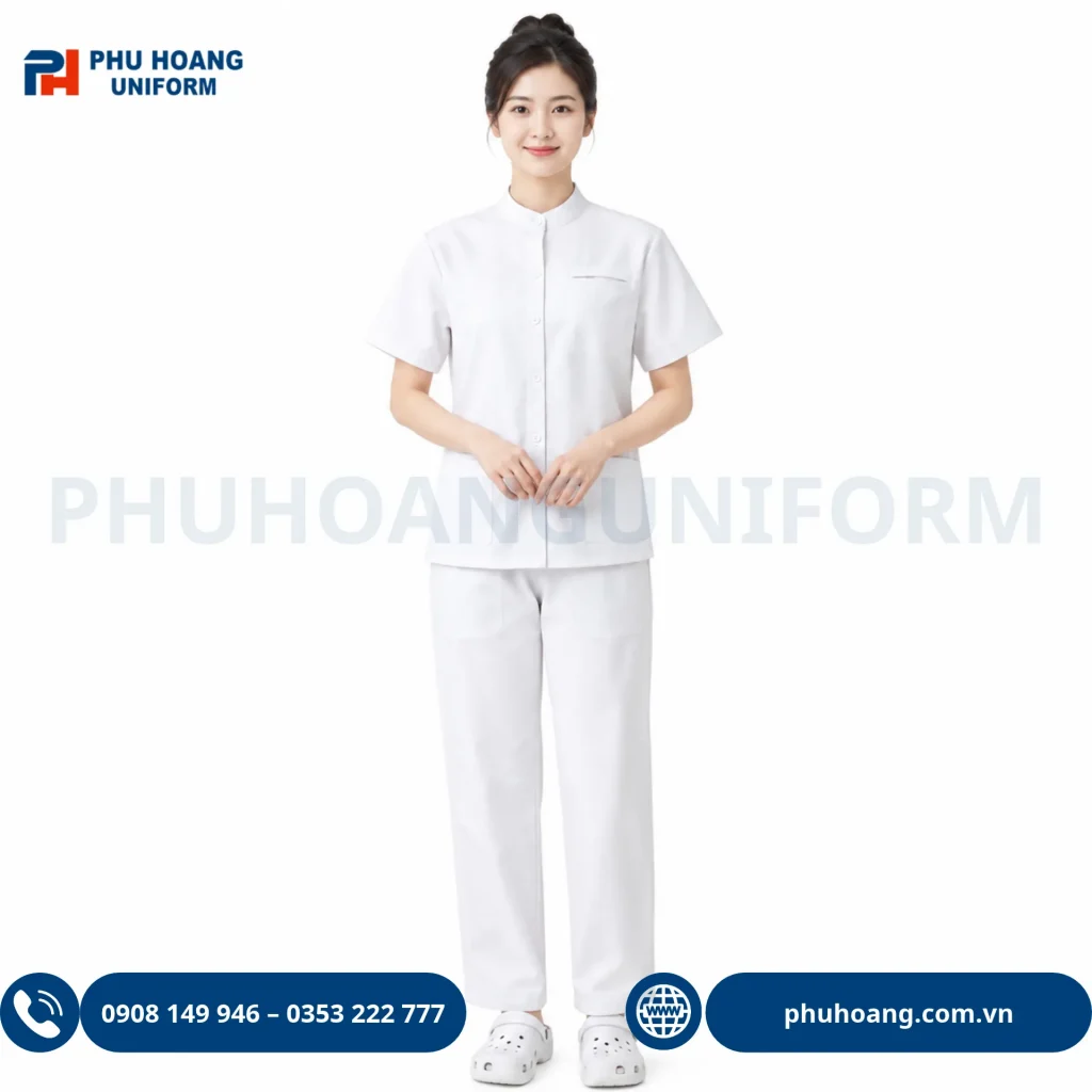 Bộ scrubs y tế cổ trụ Hình ảnh bộ scrubs y tế cổ trụ màu trắng phối viền xanh cao cấp Đồng Phục Phú Hoàng