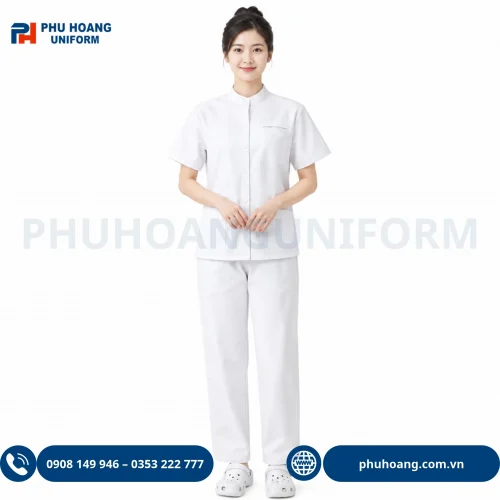 Hình ảnh bộ scrubs y tế cổ trụ màu trắng phối viền xanh cao cấp Đồng Phục Phú Hoàng