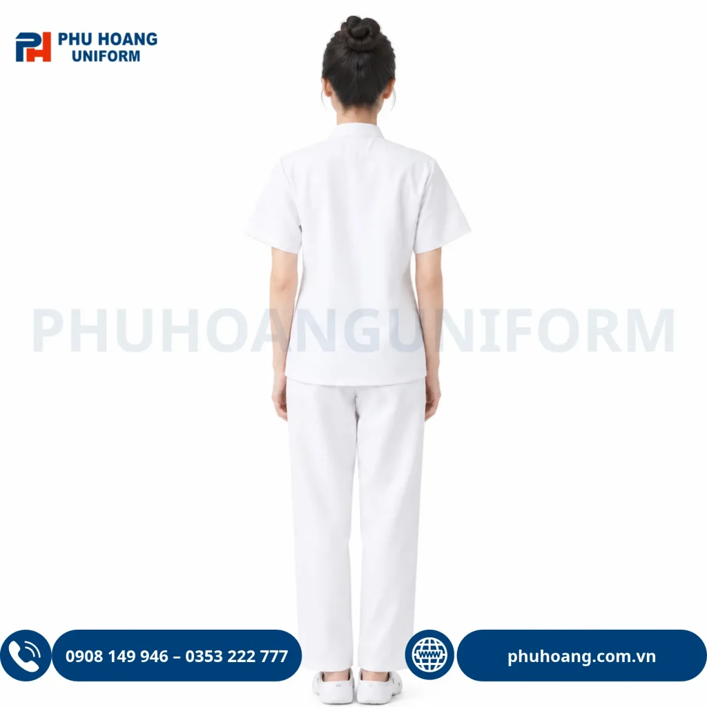 Bộ scrubs y tế cổ trụ Hình ảnh bộ scrubs y tế cổ trụ màu trắng phối viền xanh cao cấp Đồng Phục Phú Hoàng