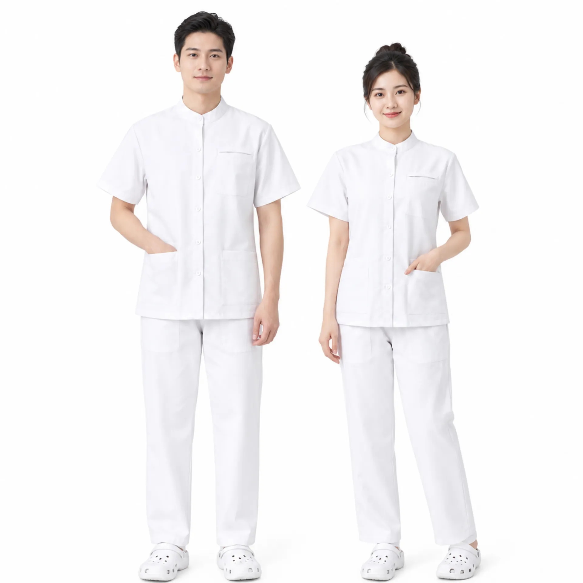 bo-scrubs-y-te-co-tru (7) Hình ảnh bộ scrubs y tế cổ trụ màu trắng phối viền xanh cao cấp Đồng Phục Phú Hoàng