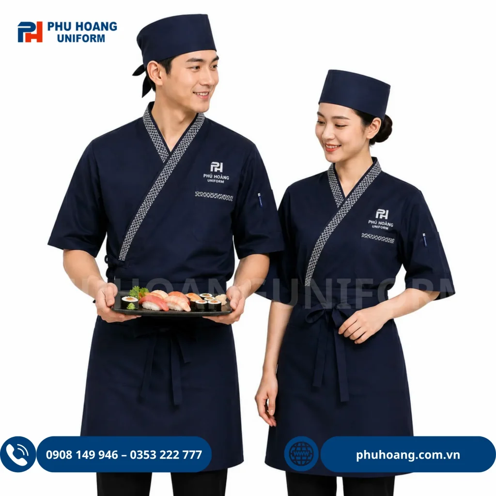 Áo bếp Nhật Bộ sưu tập đồng phục phục vụ hiện đại, chuyên nghiệp, tinh tế bao gồm tạp dề phục vụ, áo thun, áo bếp Nhật và đồng phục phục vụ khách hàng tại Phú Hoàng Uniform.