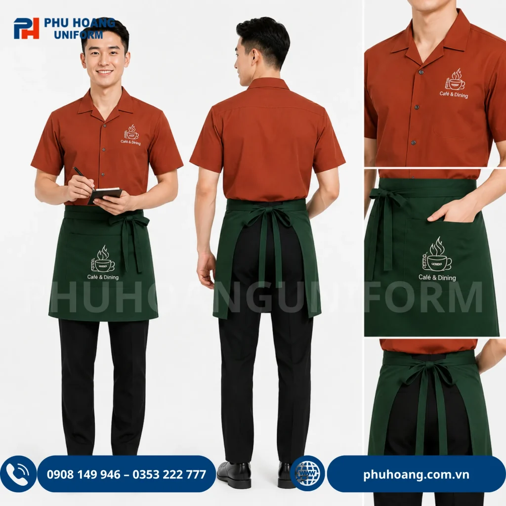 Tạp dề phục vụ Bộ sưu tập đồng phục phục vụ hiện đại, chuyên nghiệp, tinh tế bao gồm tạp dề phục vụ, áo thun, áo bếp Nhật và đồng phục phục vụ khách hàng tại Phú Hoàng Uniform.