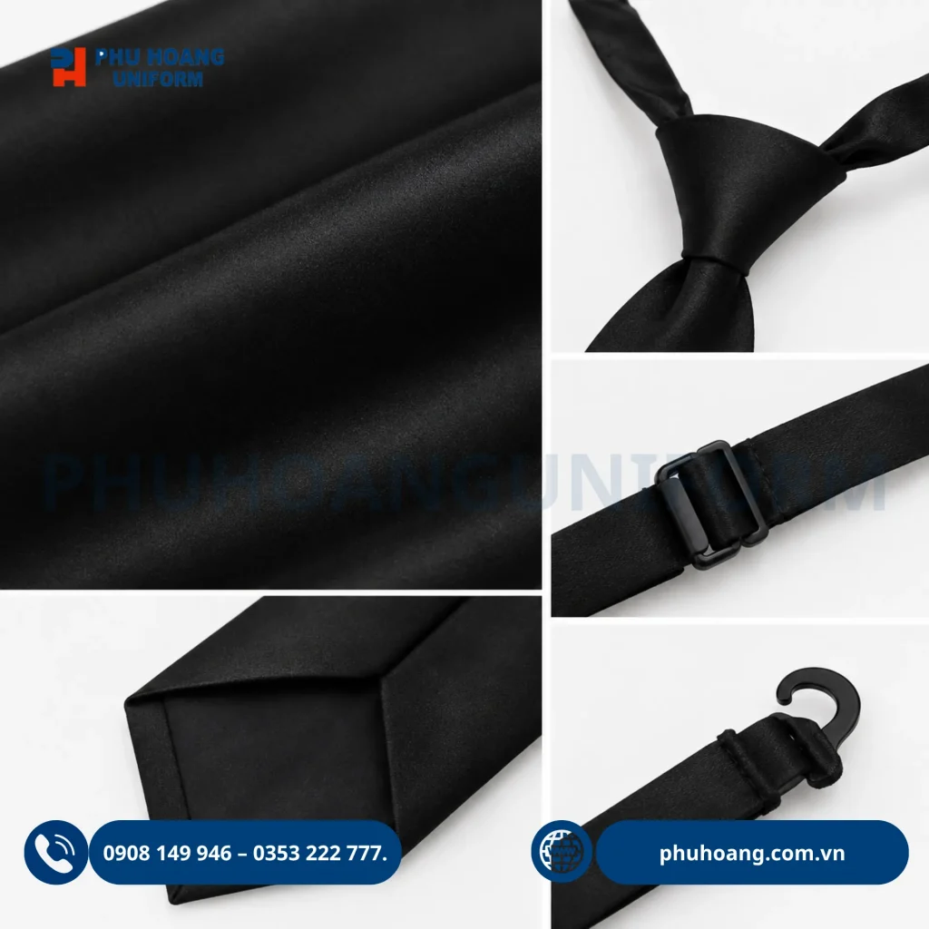 Cà vạt đen dây cài tiện lợi - Đồng phục Phú Hoàng Hình ảnh chi tiết mẫu cà vạt dây cài màu đen. Sản phẩm có thiết kế thắt sẵn, form dáng chuẩn, chất liệu bền đẹp, phù hợp kết hợp với áo sơ mi làm đồng phục công sở, quản lý, lễ tân, hoặc nhân viên phục vụ nhà hàng - khách sạn.