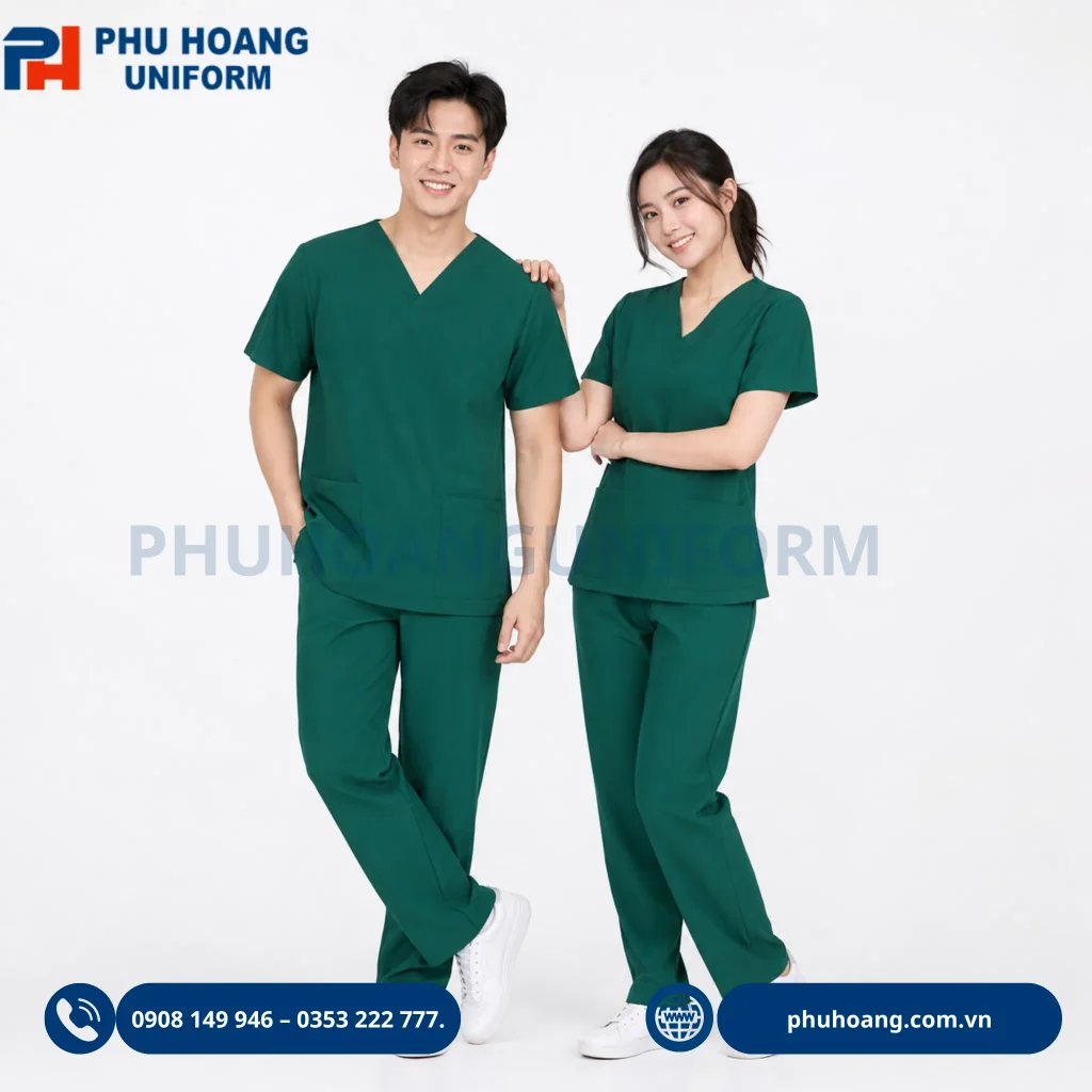 Bộ đồng phục scrubs y tế màu xanh lá form cổ V thoải mái vận động tại Phú Hoàng Uniform Đồng phục scrubs y tế màu xanh lá