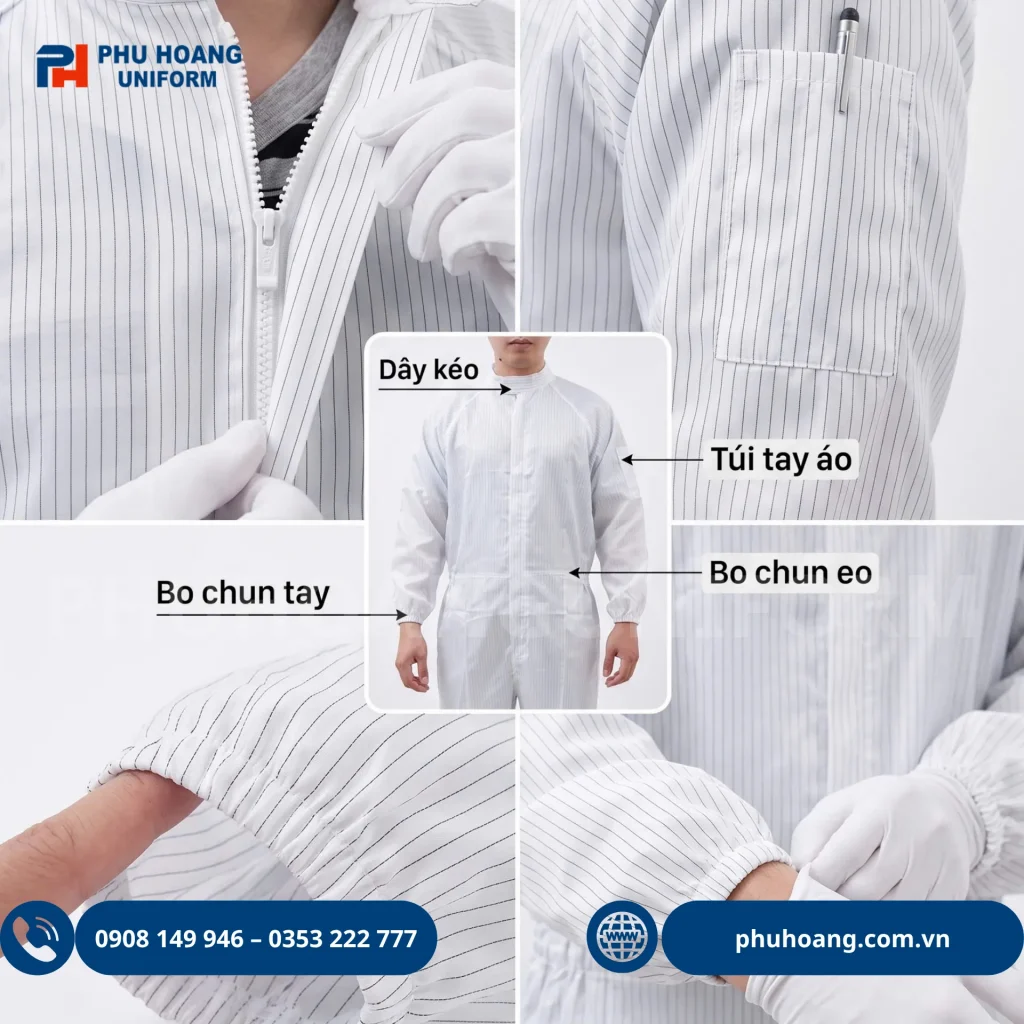Bộ phòng sạch chống tĩnh điện màu trắng Đồ chống tĩnh điện áo liền quần màu trắng, thiết kế chuyên dụng, gọn gàng, phù hợp môi trường sản xuất điện tử và phòng sạch.