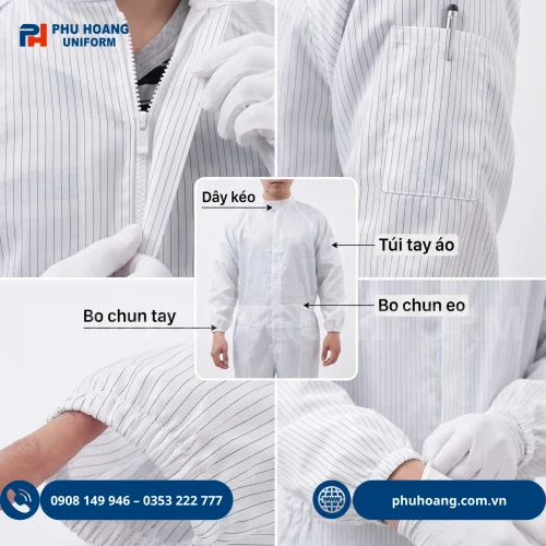 Đồ chống tĩnh điện áo liền quần màu trắng, thiết kế chuyên dụng, gọn gàng, phù hợp môi trường sản xuất điện tử và phòng sạch.