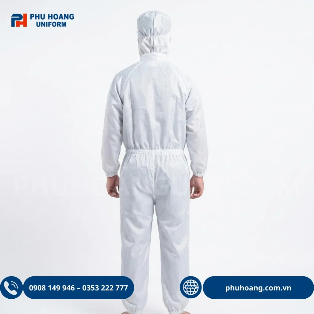 Bộ phòng sạch chống tĩnh điện màu trắng Đồ chống tĩnh điện áo liền quần màu trắng, thiết kế chuyên dụng, gọn gàng, phù hợp môi trường sản xuất điện tử và phòng sạch.