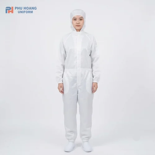 Đồ chống tĩnh điện áo liền quần màu trắng, thiết kế chuyên dụng, gọn gàng, phù hợp môi trường sản xuất điện tử và phòng sạch.