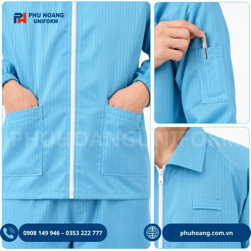 Bộ đồ chống tĩnh điện áo rời quần màu xanh chuẩn phòng sạch.