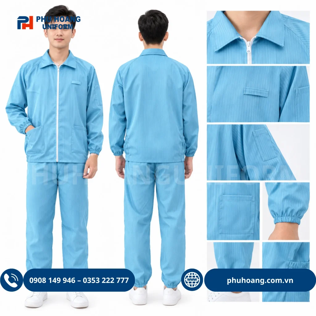 Bộ đồ phòng sạch chống tĩnh điện áo rời quần màu xanh Bộ đồ phòng sạch chống tĩnh điện áo rời quần màu xanh