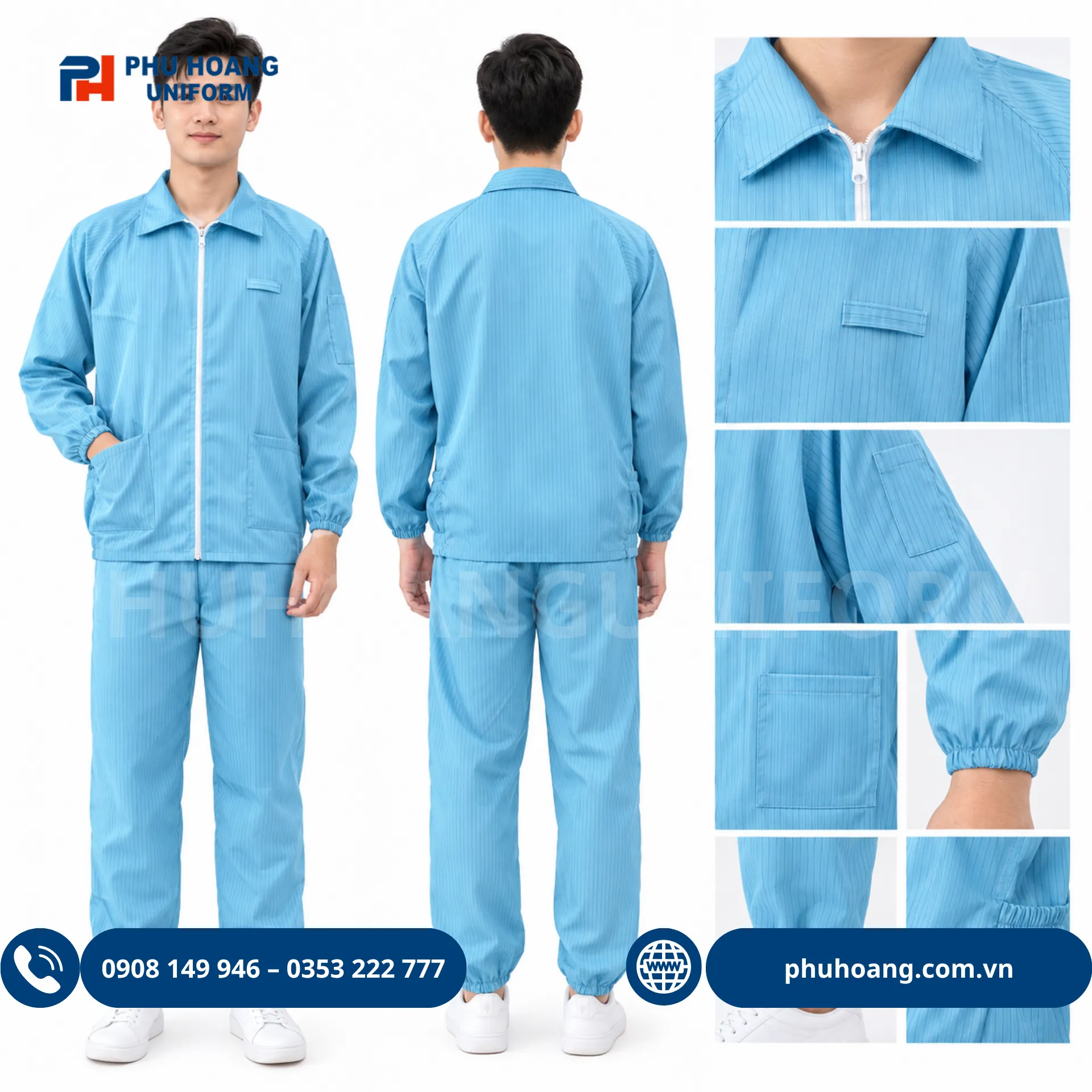 do-chong-tinh-dien-ao-roi-quan-mau-xanh (5) Bộ đồ chống tĩnh điện áo rời quần màu xanh chuẩn phòng sạch.