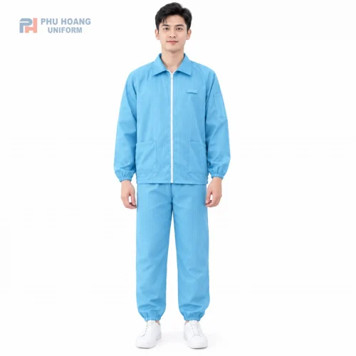 Bộ đồ chống tĩnh điện áo rời quần màu xanh chuẩn phòng sạch.