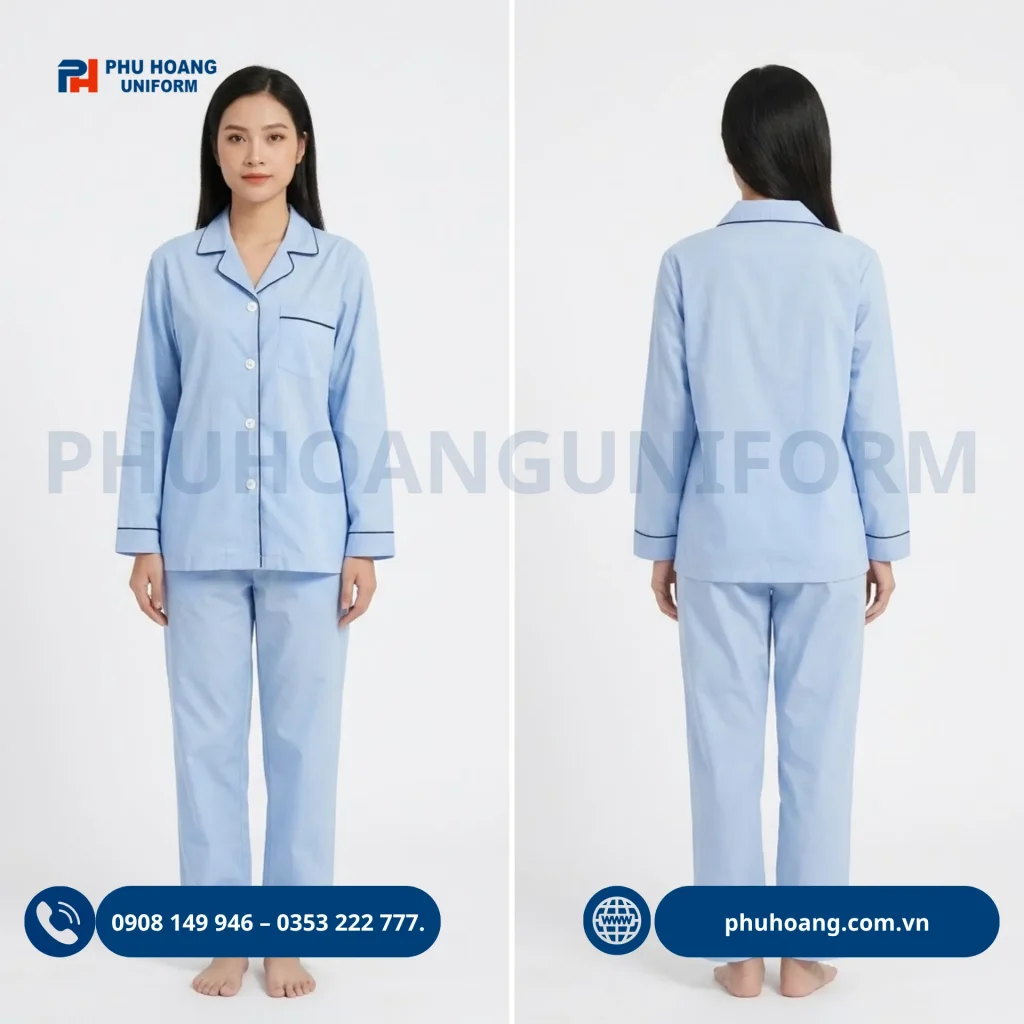 Mẫu đồng phục bệnh nhân trơn viền pijama tay dài thoải mái dành cho nam và nữ. Mẫu đồng phục bệnh nhân trơn viền pijama tay dài thoải mái dành cho nam và nữ.