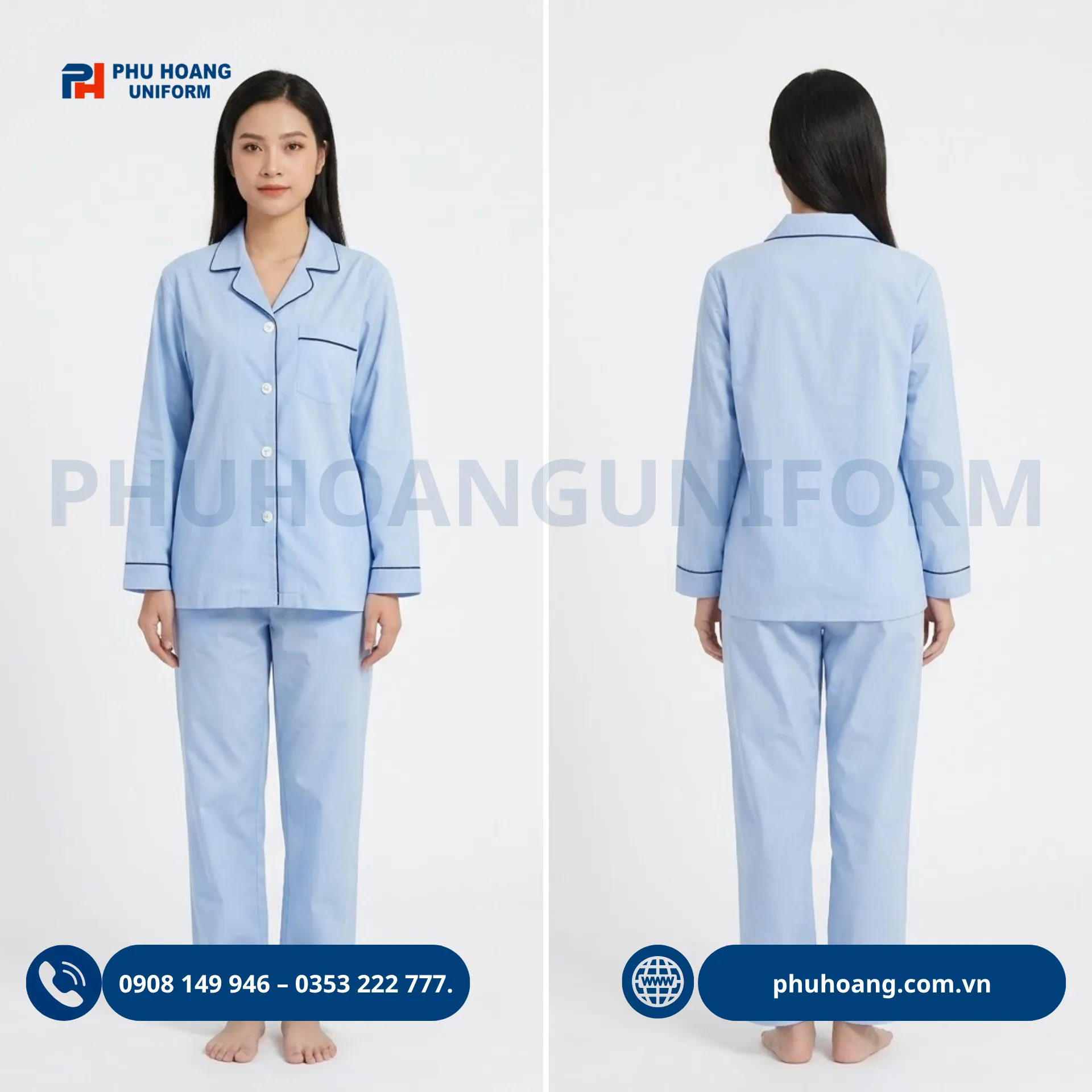 dong-phuc-benh-nhan-tron-vien (2) Mẫu đồng phục bệnh nhân trơn viền pijama tay dài thoải mái dành cho nam và nữ.