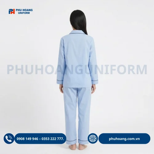 Mẫu đồng phục bệnh nhân trơn viền pijama tay dài thoải mái dành cho nam và nữ.
