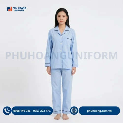 Mẫu đồng phục bệnh nhân trơn viền pijama tay dài thoải mái dành cho nam và nữ.